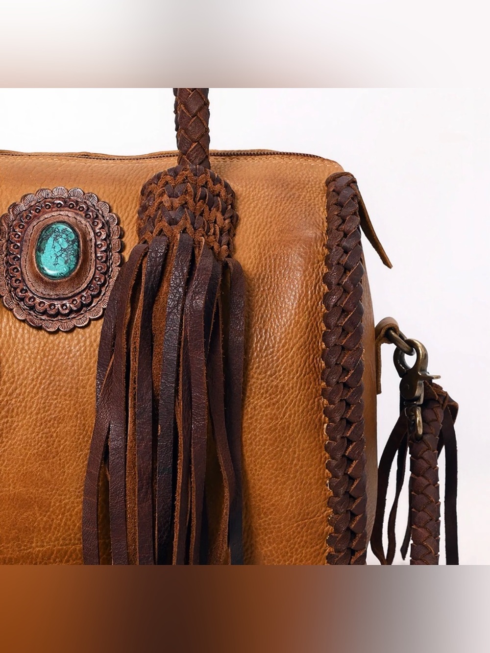Western Boho Tassel Leather Satchel in Tan and Brown - Picture 3 of 6